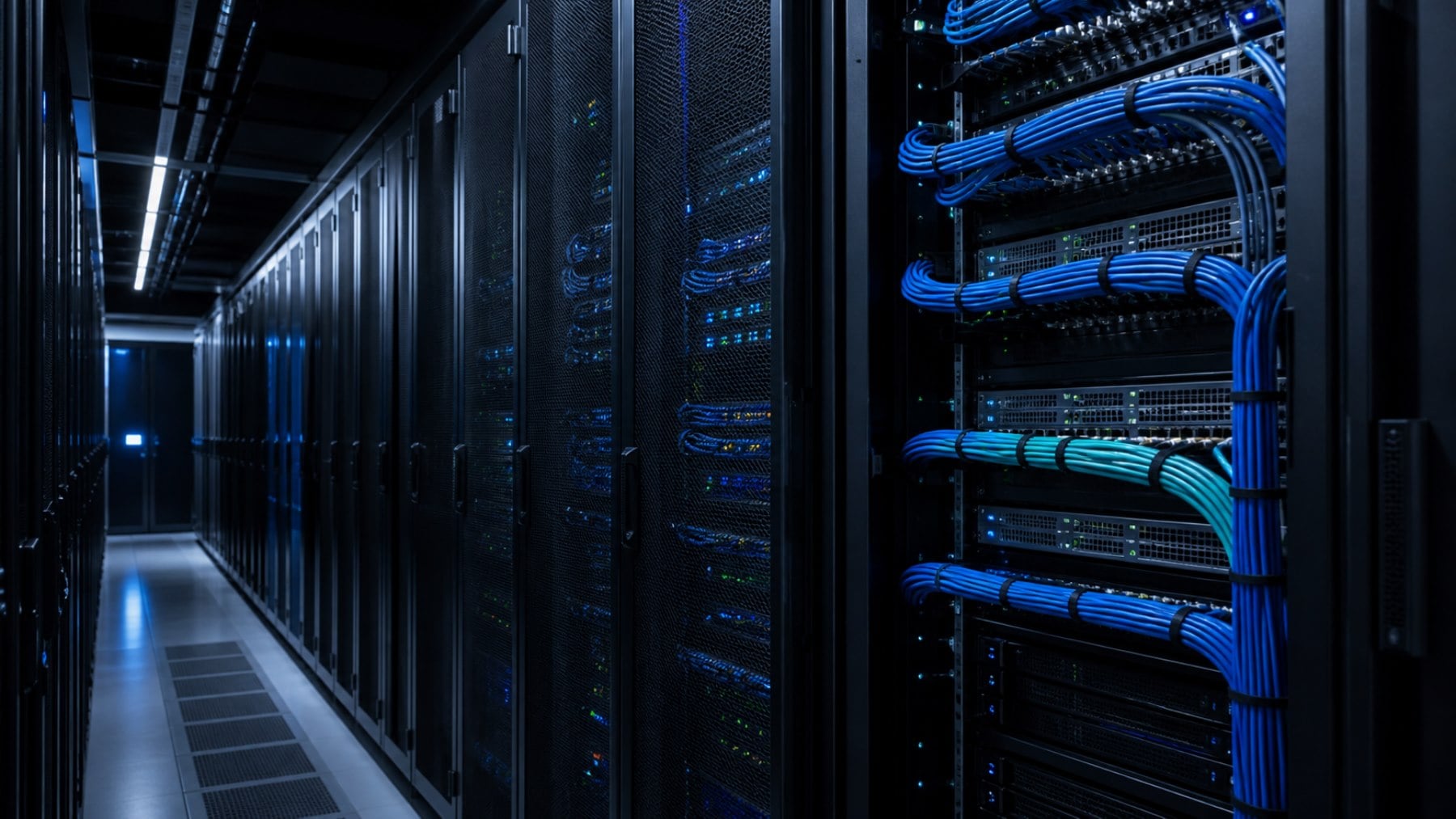 Modern enterprise data center racks with organized blue network cabling