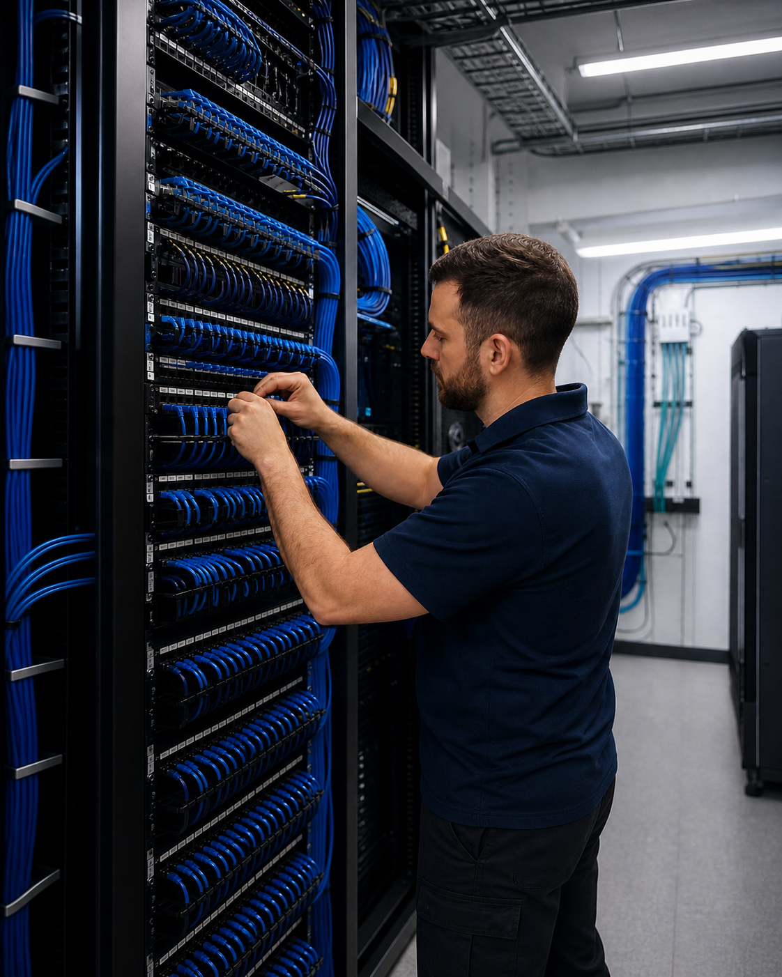 Technician organizing structured cabling in a commercial telecommunications room