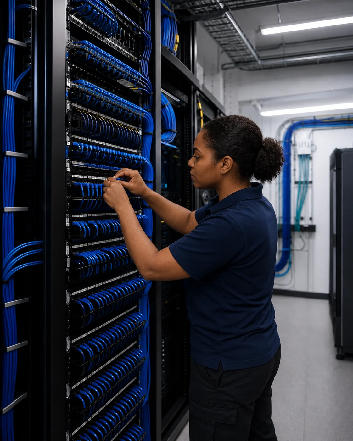 Woman technician connecting blue Ethernet patch cables in a commercial telecommunications rack